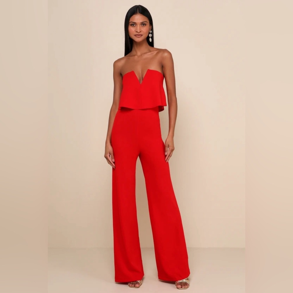 Lulu’s Power of Love Red/Orange Strapless Jumpsuit